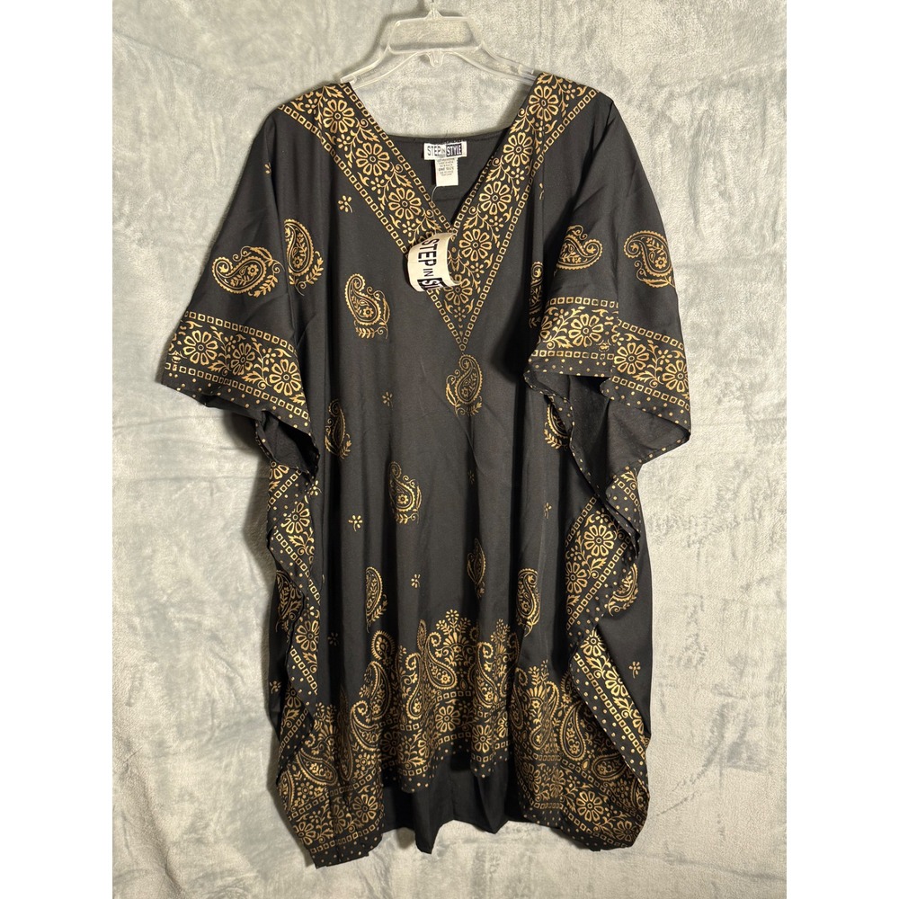 Step In Style Womens Kaftan Top Black Gold Floral One Size swim cover nwt